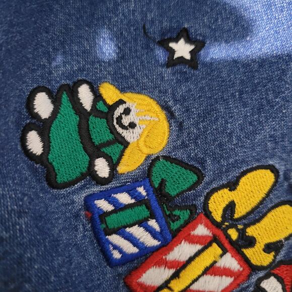 Vintage Christmas Dress Blue Jean Pinafore Bib Overall Jumper Santa Maxi Small - Picture 12 of 13